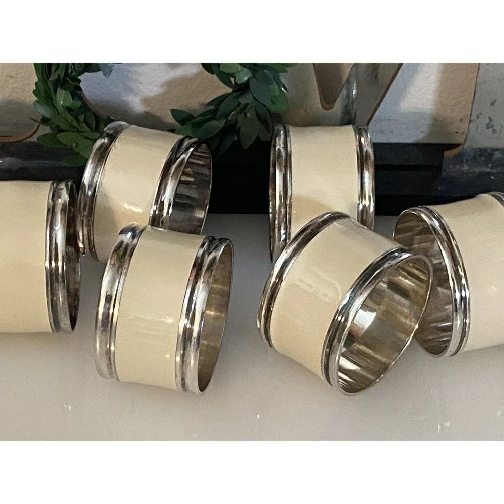 Vintage Set Of‎ 7 Silver Plated And Beige Enamel Napkin Rings Great Quality MCM